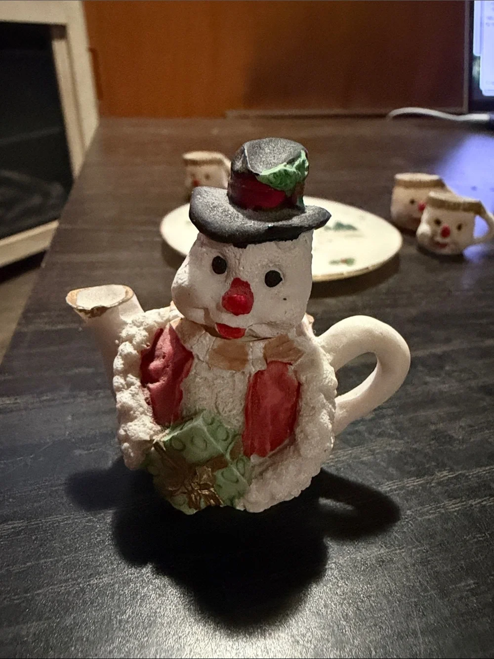 Vintage Snowman Miniature Tea Set with Decorative Plate